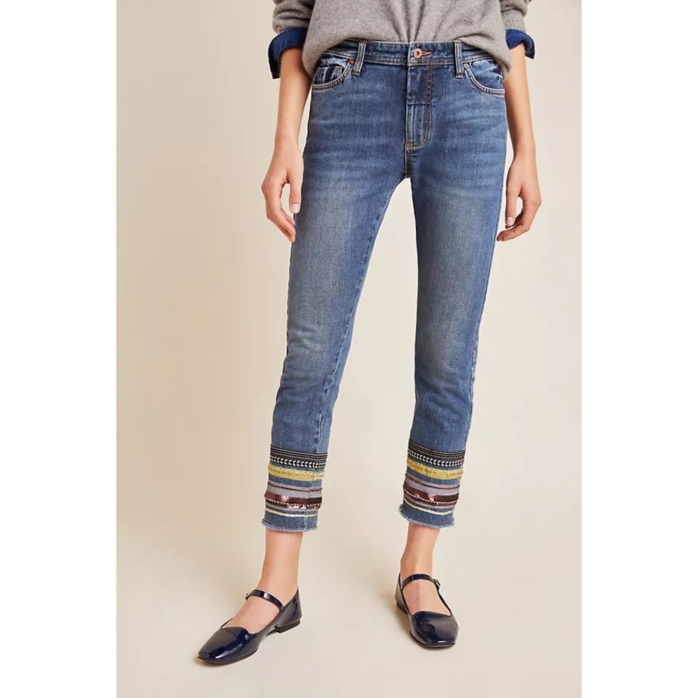 Pilcro‎ and the Letterpress Anthropologie Embellished Cuff Jeans Blue 26 Sequin